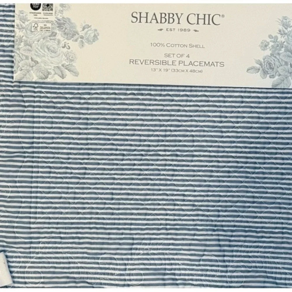 NEW Shabby Chic Set Of 4 Scalloped Edged Blue White Hydrangea‎ Quilted Placemats
